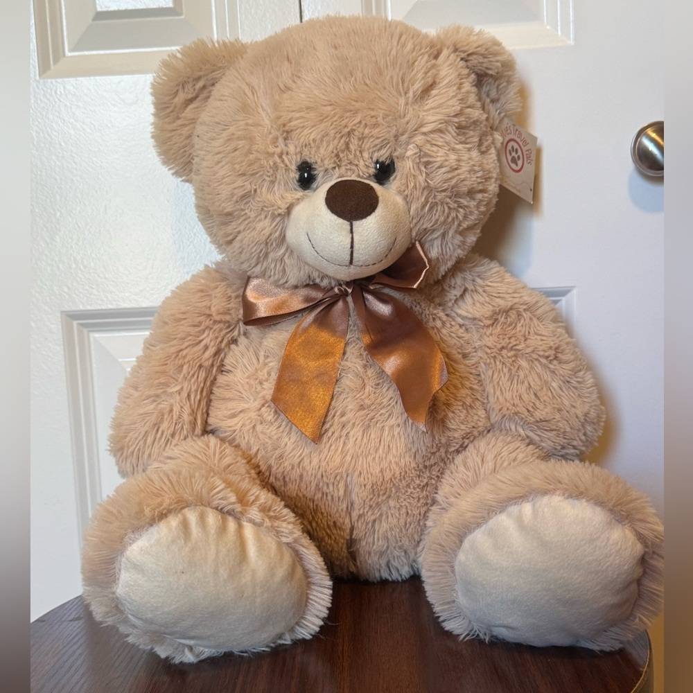 NWT Tan Teddy Bear Plush Stuffed Animal Satin Bow 13 Inch